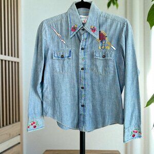 Vintage 60s 70s Hand Embroidered Denim Chambray  Shirt Tennis Floral